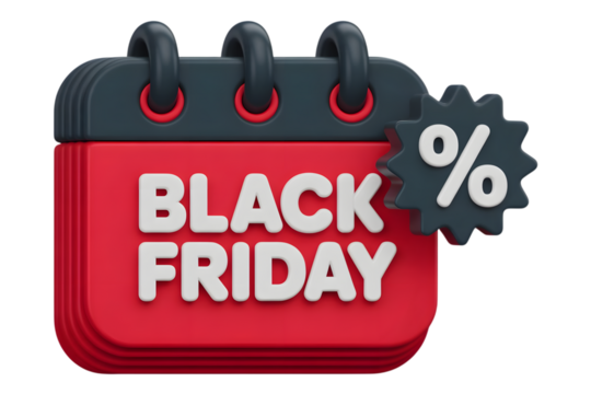 Black friday calendar with percentage sign isolated on transparent background