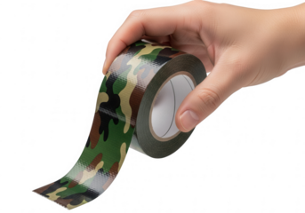 Hand holding camouflage duct tape isolated on transparent background shows versatility and utility for various applications