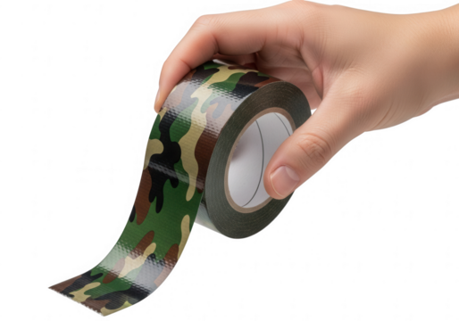 Hand holding camouflage duct tape isolated on transparent background shows versatility and utility for various applications - Powered by Adobe