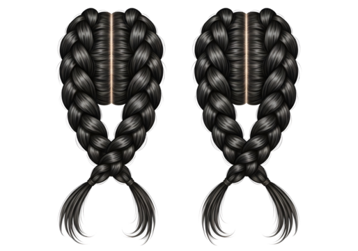 Two detailed black braided hairstyles isolated on transparent background