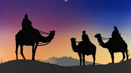 Los Tres Reyes Magos siguiendo la Estrella de Belén — Melchor, Gaspar y Baltasar cruzando el...