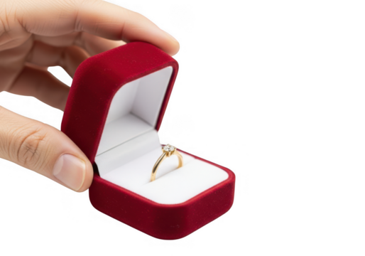 Hand holding a red velvet ring box with a diamond ring isolated on transparent background, symbolizing love and commitment