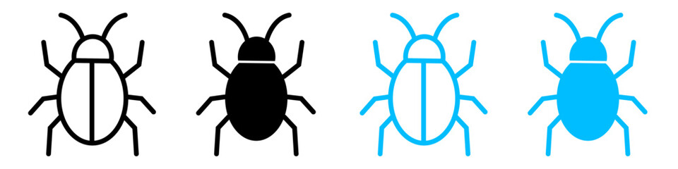Bug icon set with outline and solid beetle symbols, minimal pictograms, isolated on transparent background