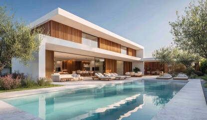 Fototapeta premium Modern luxury house with outdoor pool, patio, and landscaped garden area