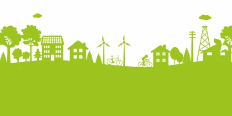 Fototapeten Lindgrün Green cityscape silhouette with renewable energy sources houses trees and people cycling  © Bijon