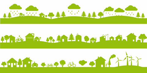 Green landscape with houses trees clouds rain and wind turbines representing eco friendly living