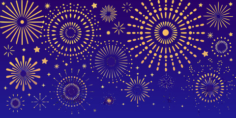 Golden fireworks and stars explode across a deep blue night sky background