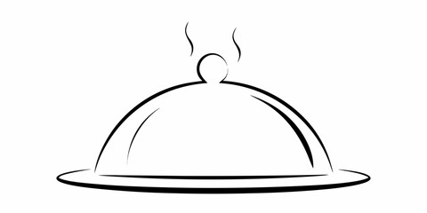Simple black and white line art illustration of a steaming food cloche on a plate