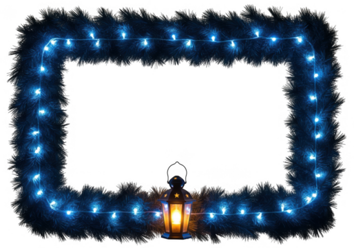 Christmas frame isolated on transparent background, a festive border with lights and a lantern for holiday decoration