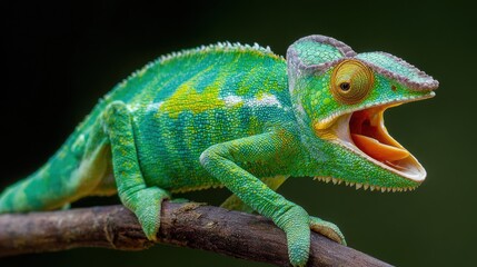 Vibrant green chameleon with open mouth perched on a tree branch
