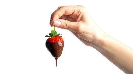 Obraz premium A hand holding a chocolate-covered strawberry, with the sweet treat dripping slightly. The delicious combination of flavors is enticing.