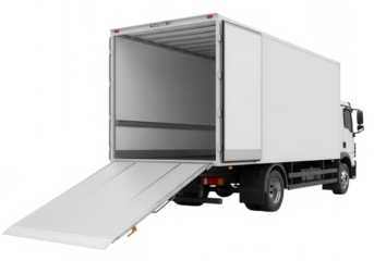 Open white delivery truck with ramp isolated on transparent background