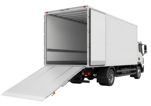 Open white delivery truck with ramp isolated on transparent background