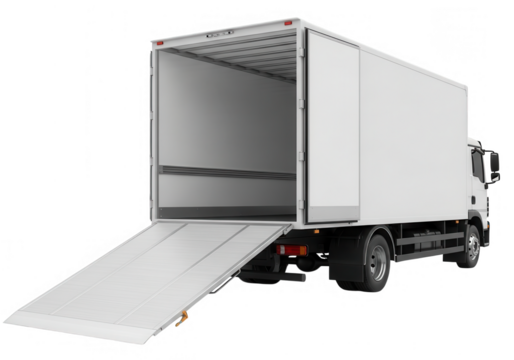 Open white delivery truck with ramp isolated on transparent background