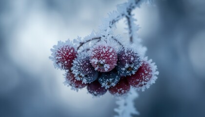 Macro shot of frozen berries on a branch covered in hoarfrost. Cold winter nature background with icy red fruit. Close-up detail of ice crystals