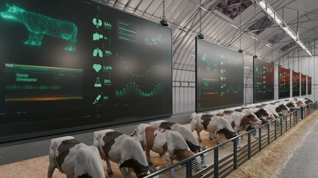 Smart livestock farm concept. Cows on Dairy Farm 3D Concept. Free stall barn for dairy cows. Indoor dairy farming. Hi-Tech Barn. Dairy cow farm. Housing for Dairy Cattle. Animal husbandry. Inside