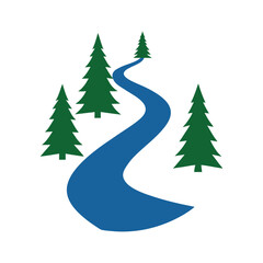 Curving blue river winding through lush green pine forest scenic nature landscape vector