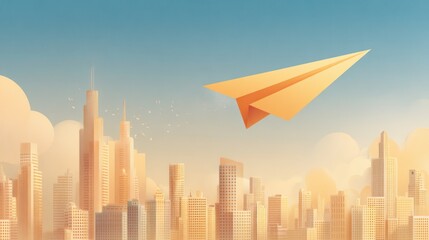 Paper airplane soaring over a city skyline in a bright, sunny sky