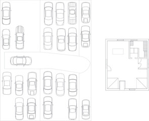 Architectural floor plan with parking area layout, car top view blueprint, residential building CAD drawing, construction technical plan, architecture vector illustration, detailed site design concept © Akaza