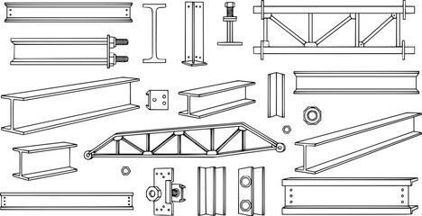Construction elements and steel beams depicted in an architectural illustration with black outline
