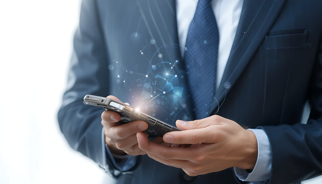 Business Professional Using Smartphone with Network Overlay