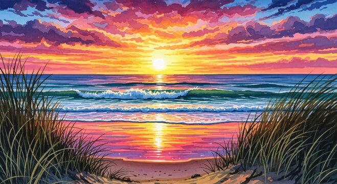Vibrant watercolor landscape illustration of a dramatic sunset over the sea, viewed from a tranquil sandy beach with dunes