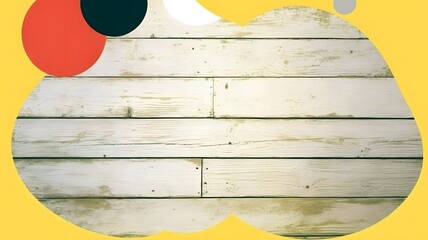 Abstract graphic with wood texture and colorful circles on yellow background