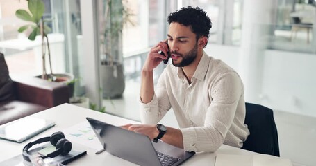 Happy, phone call and man with laptop, office and financial advisor with data analysis or paperwork. Talking, employee and person with tech for risk management, documents and discussion with mobile - Powered by Adobe