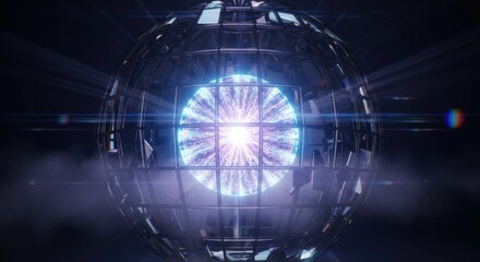 Fototapeta premium A glowing blue electric sphere encased in a metallic grid emits vibrant energy beams in a dramatic, smoky setting.