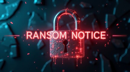A glowing padlock with 'RANSOM NOTICE' in neon red, set against a dark, fragmented background, conveying a sense of digital threat.