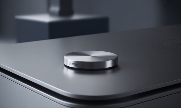 A brushed-metal power button sits on a sleek, dark metallic surface - Powered by Adobe