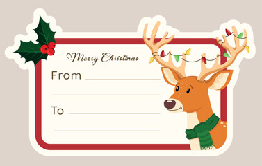 Vector illustration of a postcard with a picture of a reindeer in a green scarf, with a garland in its horns
