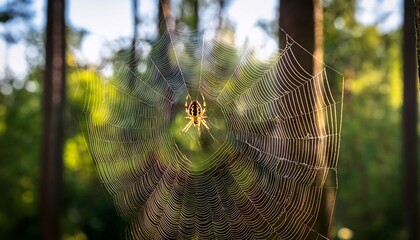 a european garden spider spins and rests on its intricate orb web strung between trees in the forest the forest serves as a natural backdrop slightly out of focus