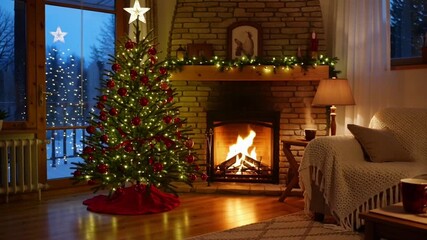 Christmas tree with lights and red ornaments near a fireplace in a cozy room at night time - Powered by Adobe