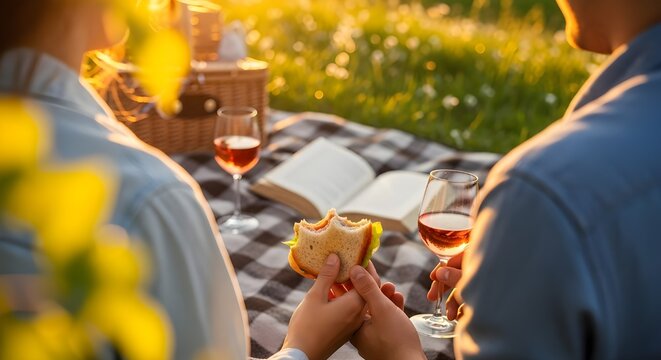 A couple enjoys a romantic picnic in a sundrenched meadow, sharing food and wine while reading a book, capturing a moment of love, connection, and leisure