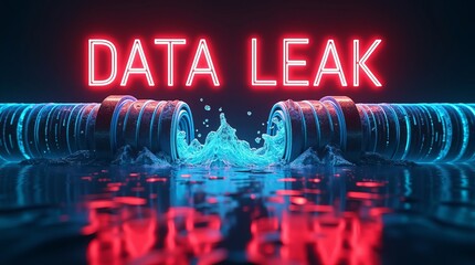 A visually striking representation of a data leak, featuring vivid neon colors and flowing water.