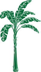 Stylized Green Banana Tree Illustration with Large Leaves and Textured Trunk Tropical Plant Vector Art.