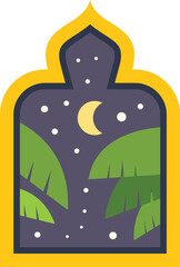 Ornate window framing a night scene with crescent moon, stars, and palm trees, creating a peaceful and exotic atmosphere