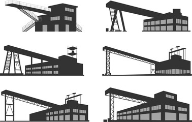 Industrial factory complex with conveyor structures and production halls, heavy manufacturing plant silhouette vector, industry architecture and engineering facility design illustration