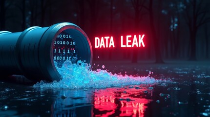 A dramatic depiction of a data leak, featuring binary code spilling from a pipe into a reflective water surface, illuminated by neon lighting.