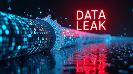 A visually striking representation of a data leak, featuring a pipe releasing digital binary code in a dark, modern setting.