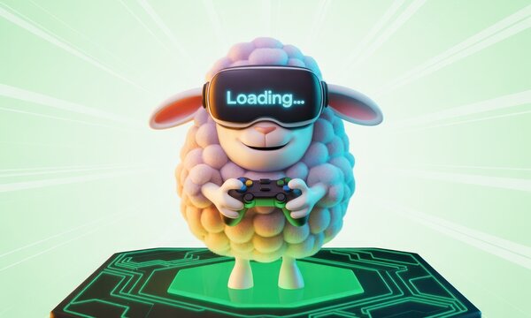 A cartoon sheep wearing VR headset, holding a game controller,  on a futuristic platform.  Loading screen text displayed on the headset.  Bright,  whimsical, digital art style
