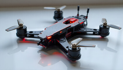 Modern drone with red lights glows