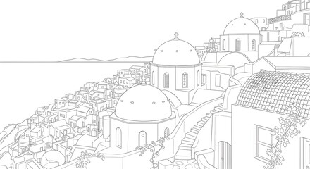Fototapeta premium Serene Santorini escape, iconic Greek architecture, whitewashed buildings cascade down hillside, calming sea view