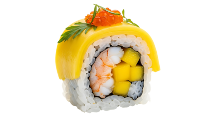 Delicious sushi roll with shrimp and mango isolated on transparent background