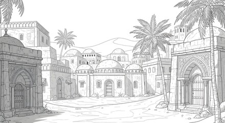 Detailed line art of an ancient desert village with palm trees and domed buildings, coloring page style