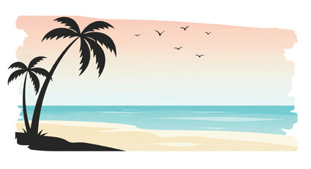 Calming flat 2D vector illustration depicting a beautiful tropical beach scene with a dramatic palm tree silhouette isolated against a soft, painted watercolor background on pure white.