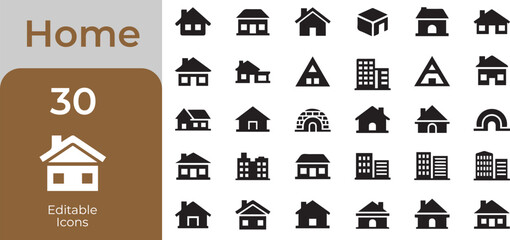 Collection of 30 simple black and white house and building icons representing home and real estate