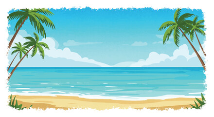 Flat 2D vector illustration depicting a sunny tropical coast with gentle sea waves rolling onto the sand, featuring a soft watercolor painting style against a bright white background.