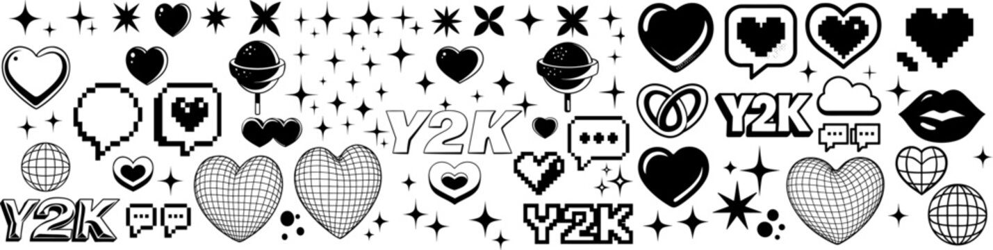 Y2K aesthetic vector icon set in black and white with hearts pixel hearts sparkles stars chat bubbles disco balls lips cloud lollipop planet saturn and wireframe hearts for retro stickers and clipart